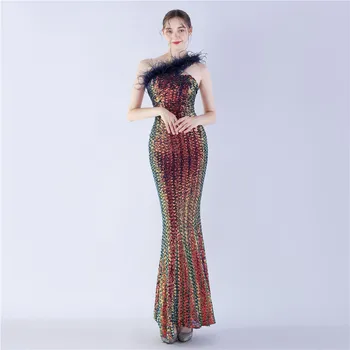 Уникална русалка дълга рокля вечер едно рамо етаж дължина Bling пайети Специален повод Дамски рокли Дропшипинг