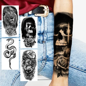 Череп роза цвете временни татуировки за жени мъже реалистични змия лъв змия флора фалшив татуировка стикер предмишница Tatoos творчески
