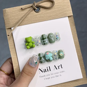 Matcha Green Handmade Press On Nails Short Round Cute False Nail Art with Bear In Emmabeauty Store.No.EM19466