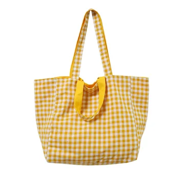 Пазарска чанта за многократна употреба 6 цвята Голяма платнена чанта за рамо Lady 1 Pc Двустранна карирана студентска книга Чанти Чанта за хранителни стоки