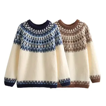 Жени 2023 Нова мода етнически стил хлабав райета топло трикотажен пуловер реколта O врата дълъг ръкав женски пуловери Шик върховете