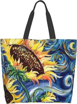Art Sunflower Sky голяма дамска чанта за рамо чанта за многократна употреба многофункционална чанта за пазаруване на открито