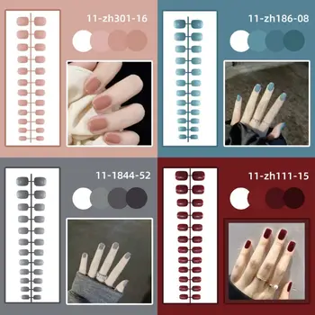24Pcs Подвижни плътен цвят фалшиви нокти пълно покритие носене къса квадратна глава фалшиви нокти ярки мини прес-он нокти жени