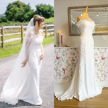 18173#Elegant Off Shoulder White Leaf Applique Lace Wedding Dress A-line Strapless Sleeveless Bridal Gown за жени Amanda Novia